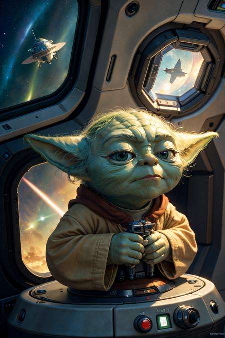 masterpiece, best quality, close-up Yoda flies in a small spaceship, RAW photo, full sharp, (FullHD epic wallpaper) 8k uhd, dslr, soft lighting, high quality, film grain, Fujifilm XT3