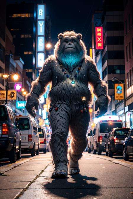 yeti walking down a city street, RAW photo, full sharp, (FullHD epic wallpaper) 8k uhd, dslr, soft lighting, high quality, film grain, Fujifilm XT3