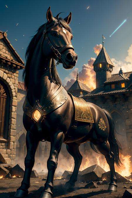 nohumans, in medieval times, a (evil cyborg black wild horse) is posing in the courtyard of a dark castle that is burning, (cyberpunk horse) Meteors fall from the sky, sparks, embers and particles are floating in the air,  (masterpiece:1.4), (photorealistic:1.5) (extremely intricate:1.4), (exquisitely detailed:1.2), (specular light), (diffused glowing:1), (Soft Shadows:1.2), ,(photography:1.3), (close up), RAW photo, full sharp, (FullHD epic wallpaper) 8k uhd, dslr, soft lighting, high quality, film grain, Fujifilm XT3