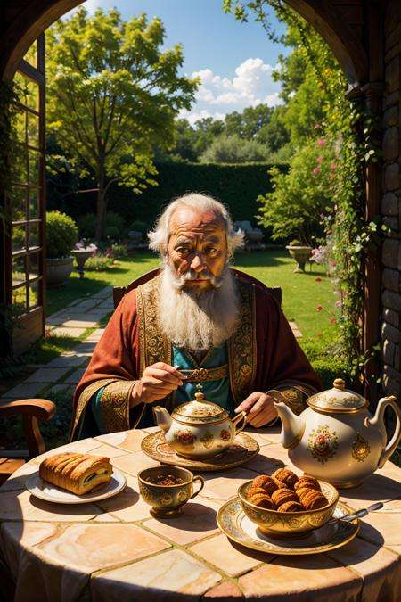 the old king sits in the garden at the table, teapot, pastries, honey, RAW photo, full sharp, (FullHD epic wallpaper) 8k uhd, dslr, soft lighting, high quality, film grain, Fujifilm XT3