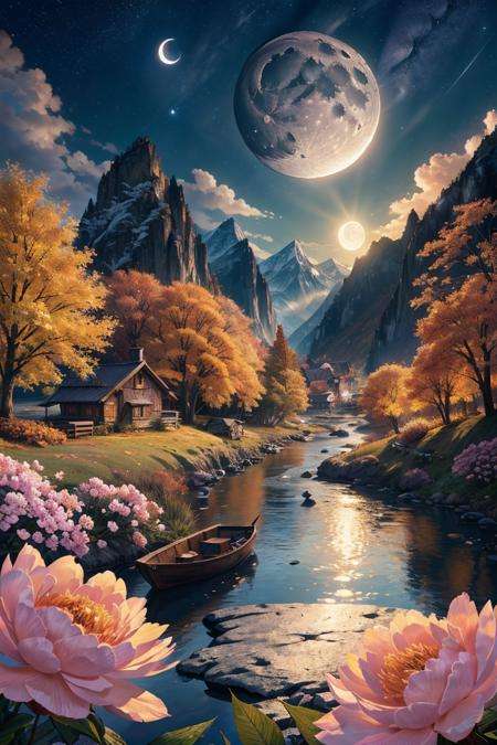 (dynamic pose:1.2),(dynamic camera),(night moon autumn:1.3) ,sunrise,mountains and a wooden village on river, (Peony flowers on foreground), sunrays, lens flare, 4k highly detailed digital art, 8k hd wallpaper very detailed, impressive fantasy landscape, sci-fi fantasy desktop wallpaper, 4k detailed digital art, sci-fi fantasy wallpaper, epic dreamlike fantasy landscape, 4k hd matte digital painting, 8k stunning artwork, RAW photo, full sharp, (FullHD epic wallpaper) 8k uhd, dslr, soft lighting, high quality, film grain, Fujifilm XT3