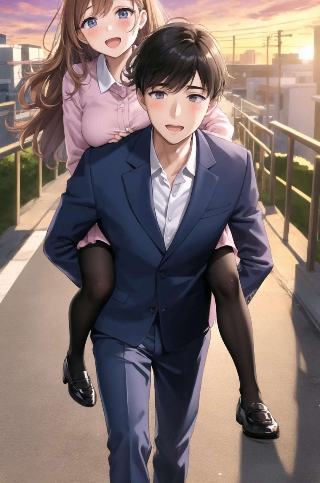 1boy, 1girl, carrying, piggyback, outdoors, formal outfit, office lady,  :D, blush, sunset, dawn,  alley, walking,  <lora:piggyback_v1:0.8>