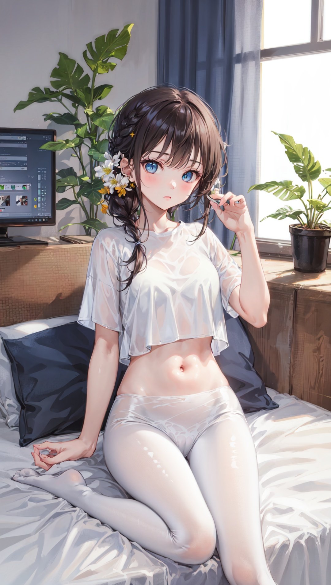 masterpiece, best quality,backlight,Tyndall effect,Crepuscular Rays,1girl,white_hairbangs,long hair,French braid,blue eyes,cold expression,white T-shirt,White pantyhose,navel,sit,small_breasts,No shoes on,bedroom,White cloth sofa,White blanket,Dieffenbachia seguine Schott,White curtains, ipad,