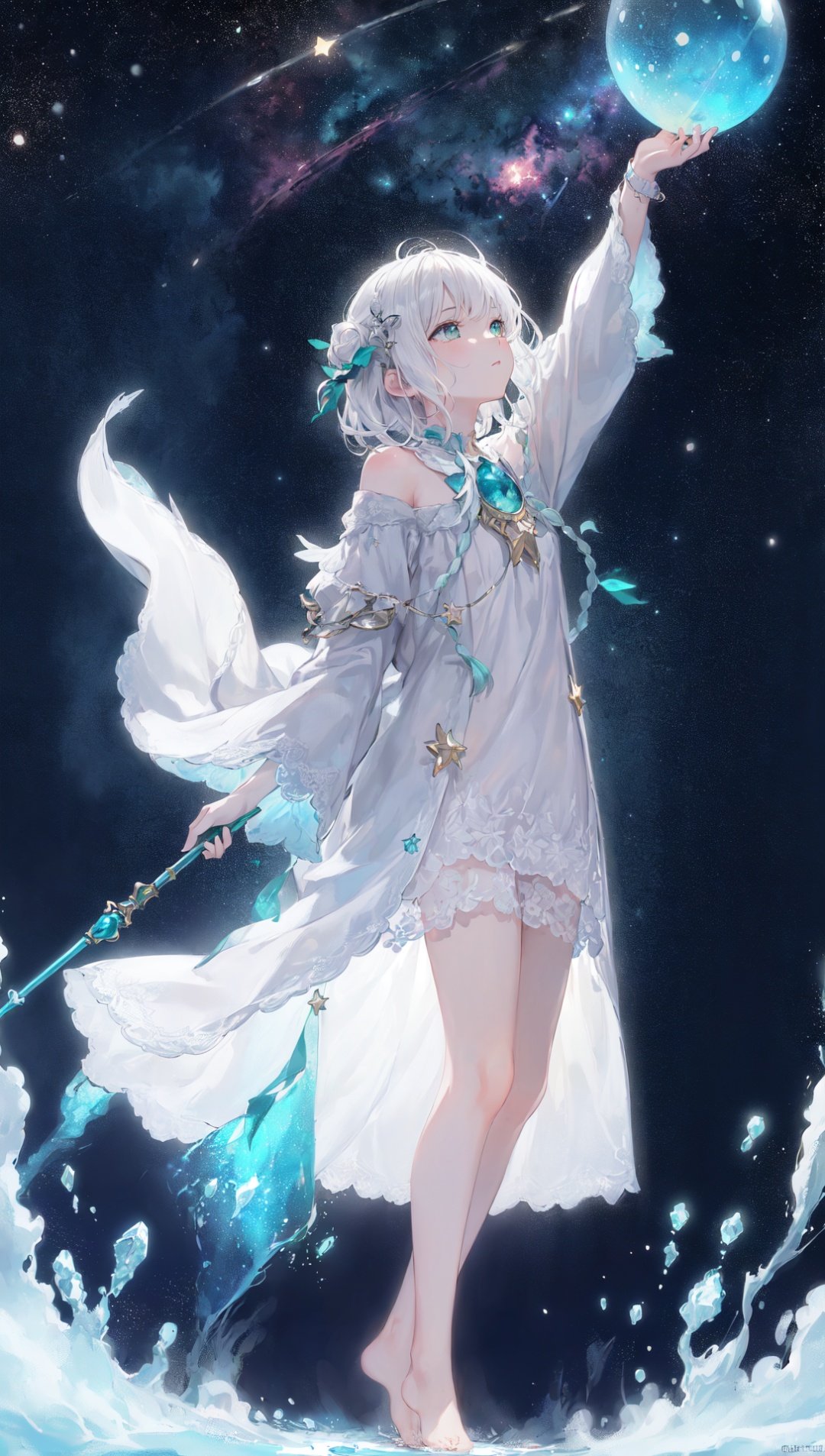 (((green, silver, glimmer)), limited palette, contrast, phenomenal aesthetic, best quality, sumptuous artwork,(masterpiece), (best quality), (ultra-detailed),(((illustration))), ((an extremely delicate and beautiful)),(detailed light),1girl,cold theme, broken glass, broken wall,((an array of stars)),((starry sky)),the Milky Way,star,Reflecting the starry water surface,(1girl:1.3)aqua theme,white hair,blinking,white dress,closed mouth,constel lation,flat color,noline art,full Glass sphere,girl inside glass sphere,white hair,braid,blinking,white robe,bust \(sculpture\),barefoot,float,closed mouth,constel lation,flat color,holding,holding wand,looking up,standing,male focus,medium hair,standing,solo,space,universe,utaite(singer),Nebula,many stars,