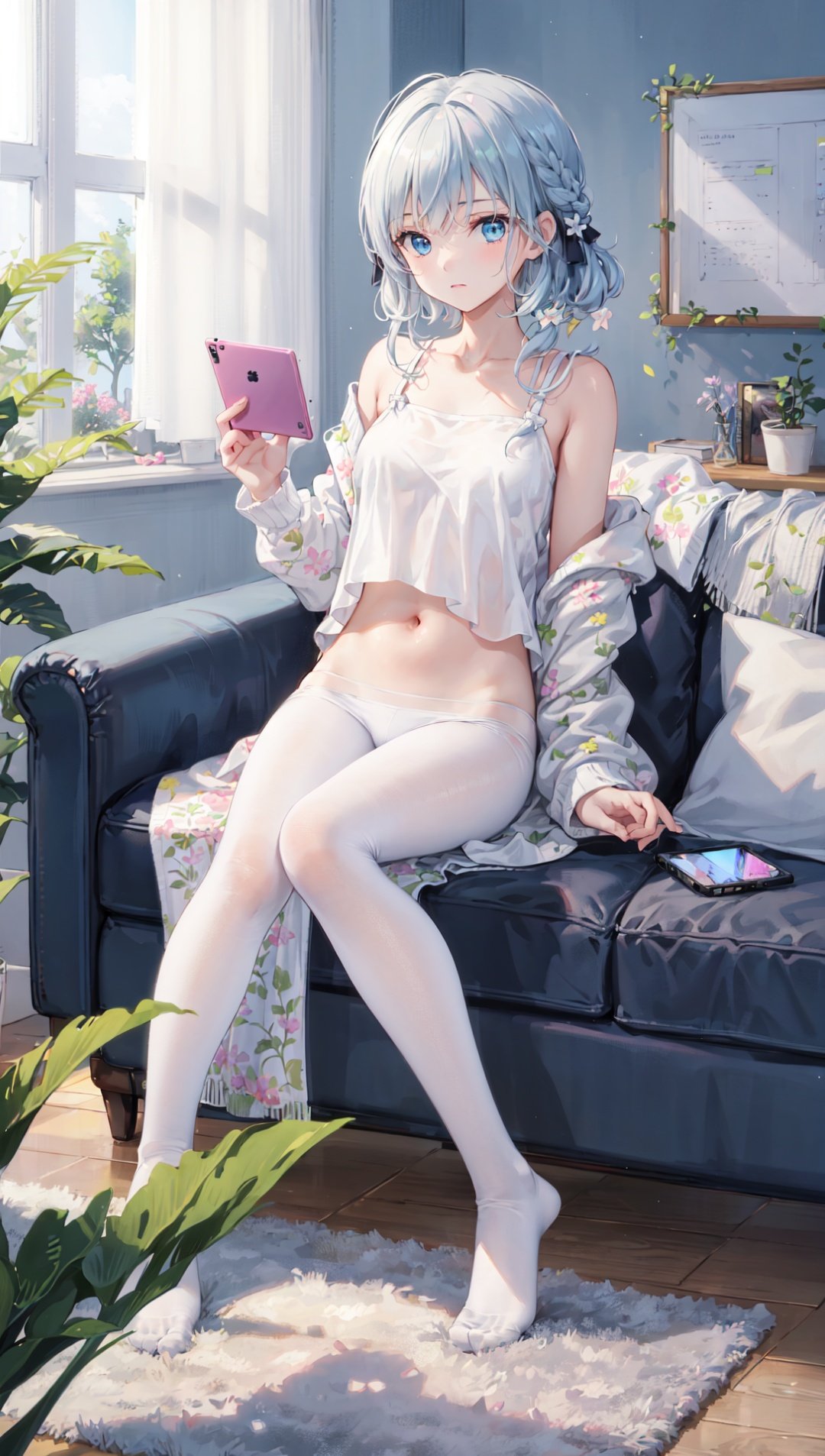 masterpiece, best quality,backlight,Tyndall effect,Crepuscular Rays,1girl,white_hairbangs,long hair,French braid,blue eyes,cold expression,white T-shirt,White pantyhose,navel,sit,small_breasts,No shoes on,bedroom,White cloth sofa,White blanket,Dieffenbachia seguine Schott,White curtains, ipad,