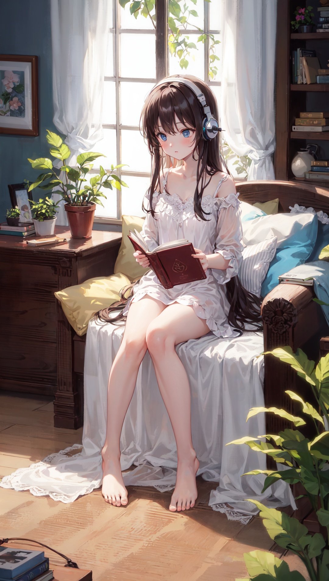 extremely delicate and beautiful,depth of field,amazing,masterpiece,growth,visual impact,ultra-detailed,1girl, long_hair, window, book, pillow, barefoot, solo, plant, very_long_hair, indoors, potted_plant, headphones, cup，gorgeous,fantasism,nature,refined rendering,original,contour deepening,high-key and low-variance brightness scale,soft light,light and dark interlaced,