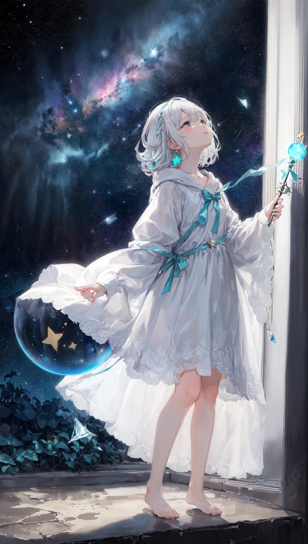 (((green, silver, glimmer)), limited palette, contrast, phenomenal aesthetic, best quality, sumptuous artwork,(masterpiece), (best quality), (ultra-detailed),(((illustration))), ((an extremely delicate and beautiful)),(detailed light),1girl,cold theme, broken glass, broken wall,((an array of stars)),((starry sky)),the Milky Way,star,Reflecting the starry water surface,(1girl:1.3)aqua theme,white hair,blinking,white dress,closed mouth,constel lation,flat color,noline art,full Glass sphere,girl inside glass sphere,white hair,braid,blinking,white robe,bust \(sculpture\),barefoot,float,closed mouth,constel lation,flat color,holding,holding wand,looking up,standing,male focus,medium hair,standing,solo,space,universe,utaite(singer),Nebula,many stars,