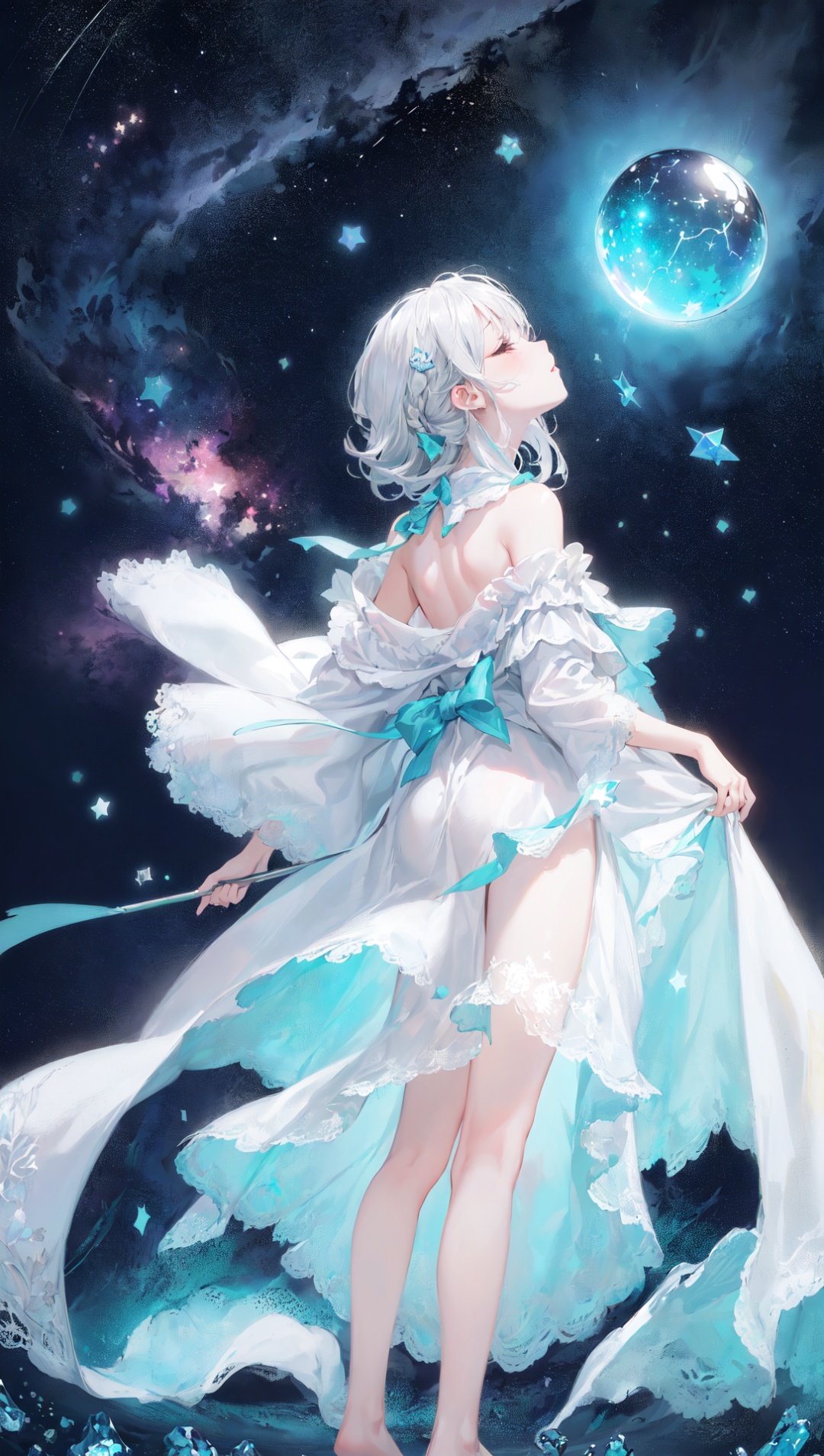 (((green, silver, glimmer)), limited palette, contrast, phenomenal aesthetic, best quality, sumptuous artwork,(masterpiece), (best quality), (ultra-detailed),(((illustration))), ((an extremely delicate and beautiful)),(detailed light),1girl,cold theme, broken glass, broken wall,((an array of stars)),((starry sky)),the Milky Way,star,Reflecting the starry water surface,(1girl:1.3)aqua theme,white hair,blinking,white dress,closed mouth,constel lation,flat color,noline art,full Glass sphere,girl inside glass sphere,white hair,braid,blinking,white robe,bust \(sculpture\),barefoot,float,closed mouth,constel lation,flat color,holding,holding wand,looking up,standing,male focus,medium hair,standing,solo,space,universe,utaite(singer),Nebula,many stars,