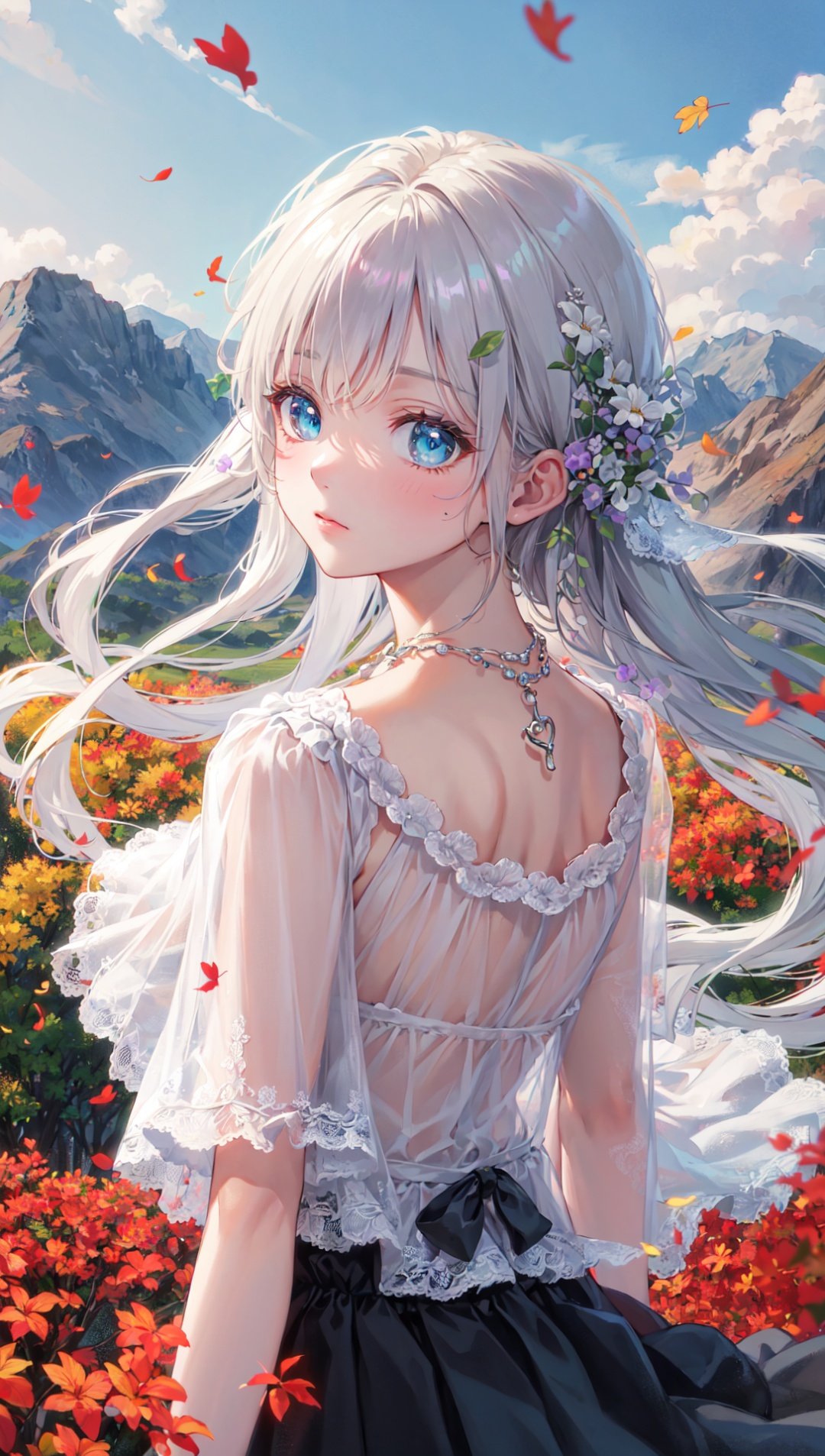 {{masterpiece}}, {{best quality}}, {ultra-detailed}, {{extremely detailed}}, 4K, {8K}, best quality, {beautiful}, mountain, green meadow, morning, autumn, a pretty woman, solo, dress, beautiful silver hair0, {beautiful eyes}, long hair, necklace, wind effect