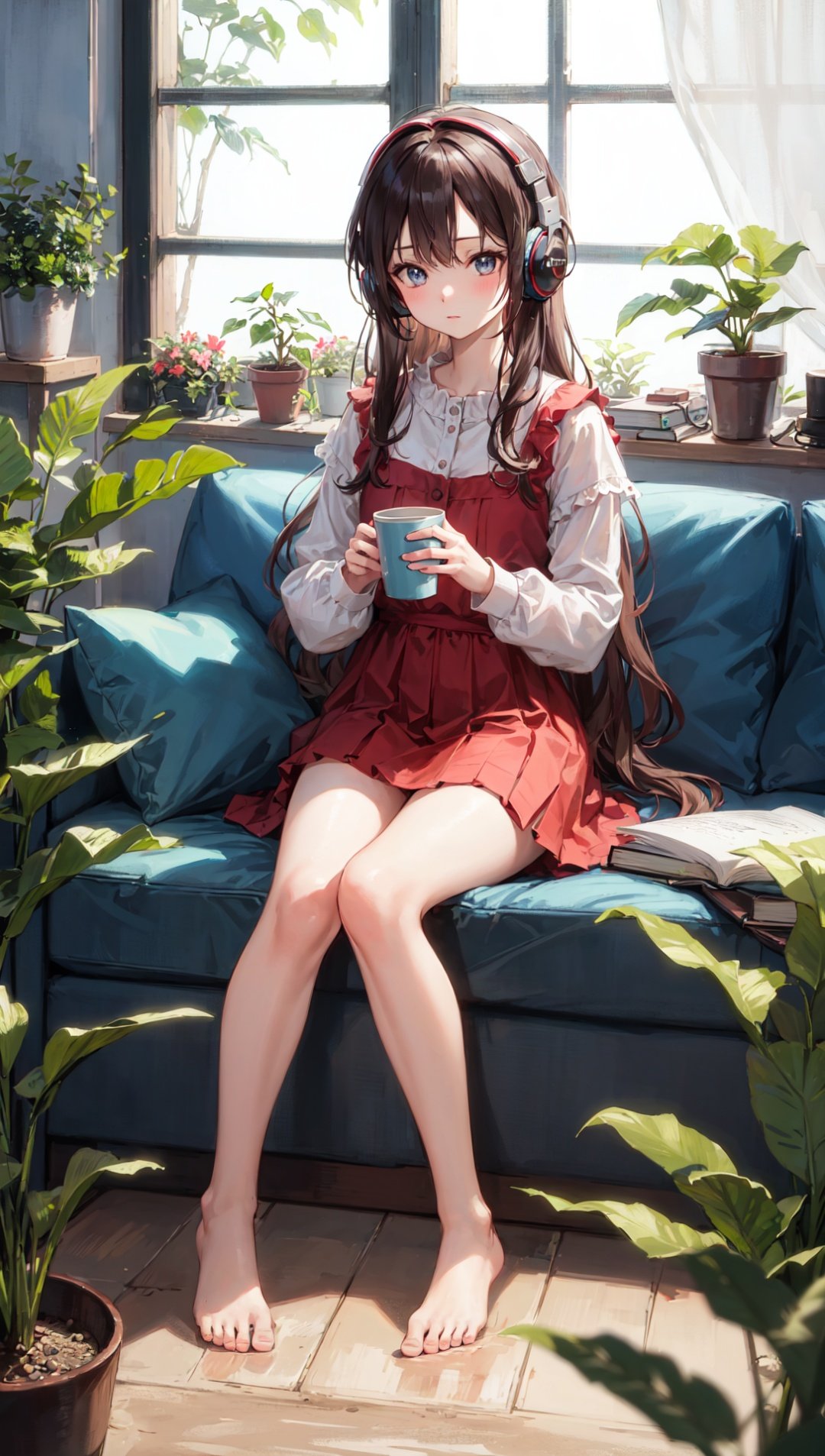 extremely delicate and beautiful,depth of field,amazing,masterpiece,growth,visual impact,ultra-detailed,1girl, long_hair, window, book, pillow, barefoot, solo, plant, very_long_hair, indoors, potted_plant, headphones, cup，gorgeous,fantasism,nature,refined rendering,original,contour deepening,high-key and low-variance brightness scale,soft light,light and dark interlaced,