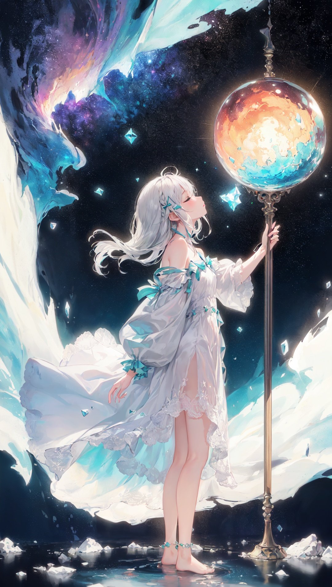 (((green, silver, glimmer)), limited palette, contrast, phenomenal aesthetic, best quality, sumptuous artwork,(masterpiece), (best quality), (ultra-detailed),(((illustration))), ((an extremely delicate and beautiful)),(detailed light),1girl,cold theme, broken glass, broken wall,((an array of stars)),((starry sky)),the Milky Way,star,Reflecting the starry water surface,(1girl:1.3)aqua theme,white hair,blinking,white dress,closed mouth,constel lation,flat color,noline art,full Glass sphere,girl inside glass sphere,white hair,braid,blinking,white robe,bust \(sculpture\),barefoot,float,closed mouth,constel lation,flat color,holding,holding wand,looking up,standing,male focus,medium hair,standing,solo,space,universe,utaite(singer),Nebula,many stars,