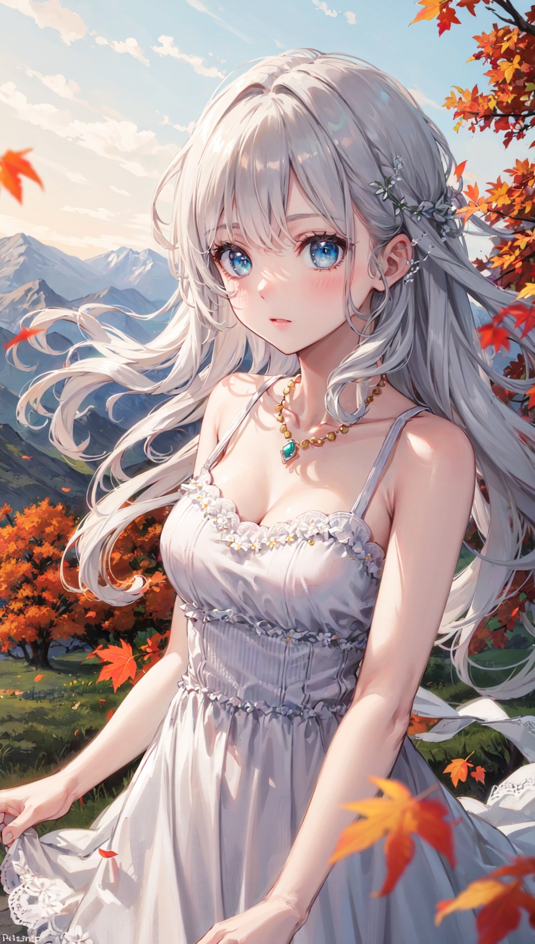 {{masterpiece}}, {{best quality}}, {ultra-detailed}, {{extremely detailed}}, 4K, {8K}, best quality, {beautiful}, mountain, green meadow, morning, autumn, a pretty woman, solo, dress, beautiful silver hair0, {beautiful eyes}, long hair, necklace, wind effect