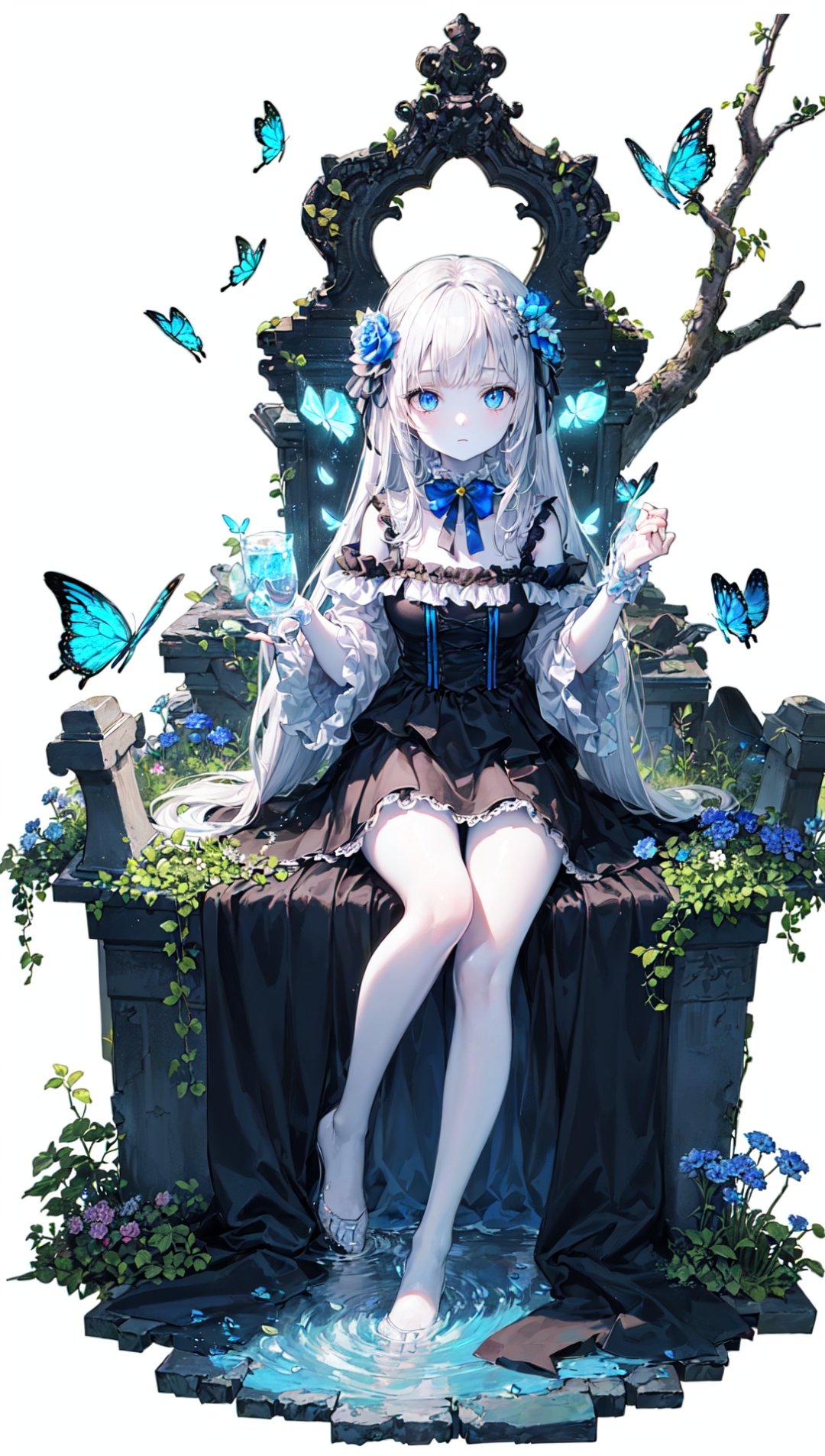 dynamic angle,original,(an extremely delicate and beautiful),Perfect details,(ultra-detailed),illustration,(fantasy:1.3),(extremely detailed CG unity 8k wallpaper),(depth of field),(full body:1.233),(Livy Irwin),(white background:1.45),(transparent background:1.3),(Circular background:1.27),(1girl:1.314),detailed face,(++(A pale complexion:1.414)//),(azure blue eyes:1.233),(glowing eyes:1.233),(detailed eyes),(Silver hair:1.14),(+(hair flower:1.14)),(expressionless,closed mouth),(lolita fashion:1.14),(sitting),(abysmal sea),(flowing water),(a dull blue world tree:1.14,in the cemetery:1.233),(night:1.2),dreamy,soul,(yubao:0.5),(fluorescence),(flying translucent blue butterflies:1.15),