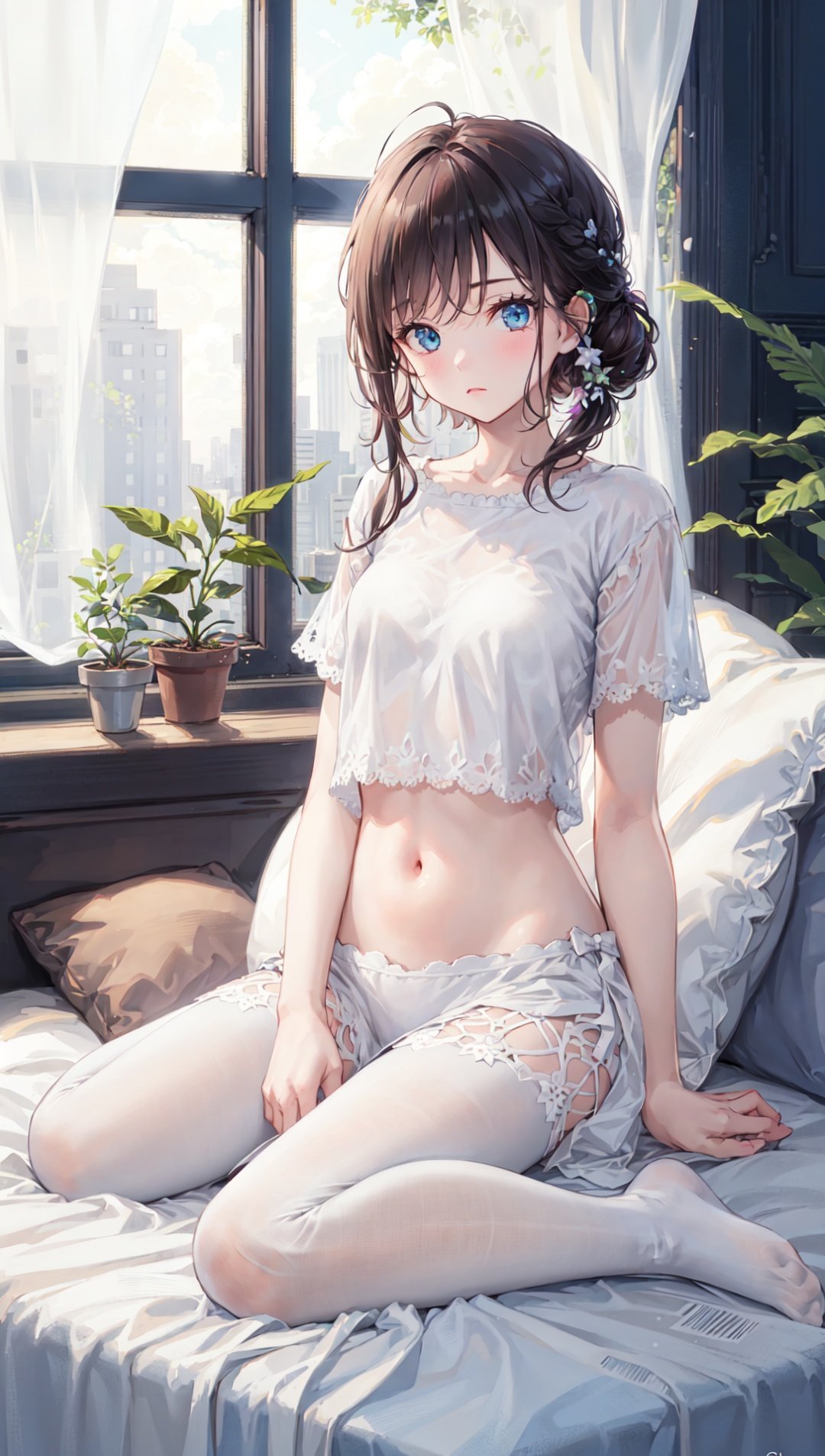 masterpiece, best quality,backlight,Tyndall effect,Crepuscular Rays,1girl,white_hairbangs,long hair,French braid,blue eyes,cold expression,white T-shirt,White pantyhose,navel,sit,small_breasts,No shoes on,bedroom,White cloth sofa,White blanket,Dieffenbachia seguine Schott,White curtains, ipad,