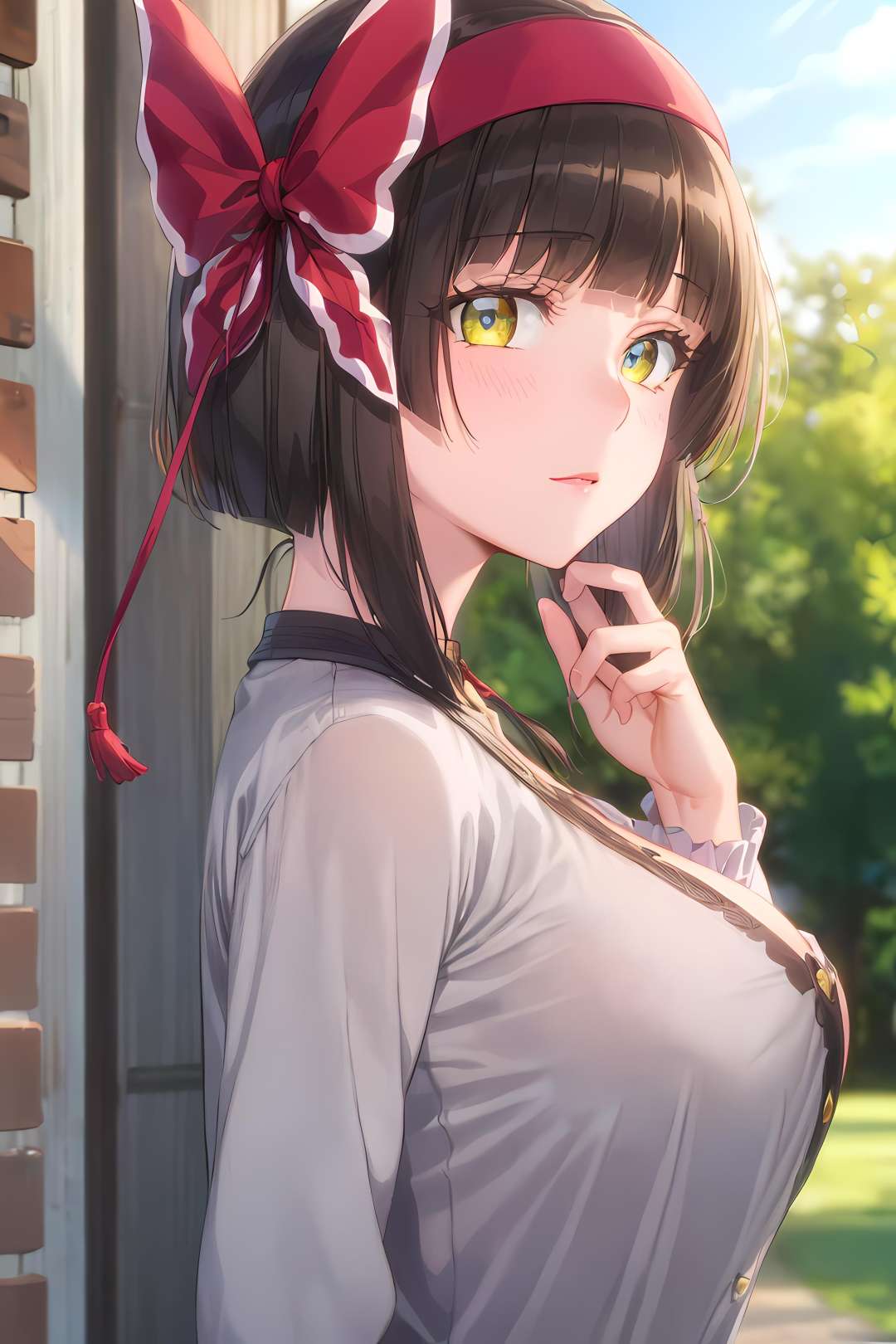 (masterpiece:1.2, best quality), (finely detailed beautiful eyes: 1.2), (extremely detailed CG unity 8k wallpaper, masterpiece, best quality, ultra-detailed),  mio, large breasts, hairband, sweater , casual clothes, jeans, hair bow , hair ribbon,  High contrast, (best illumination, an extremely delicate and beautiful),1girl,(simple backround, outdoors,  front on),  looking at viewer,beautiful detailed glow, (beautiful detailed face, beautiful detailed eyes)