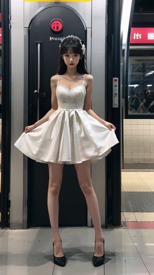 masterpiece,best quality,highres, 1girl,from below,brown hair,medium breasts,black eyes,wedding dress,roushi,high heels,legs,standing,subway station,night,looking at viewer, <lora:roushi:0.4>,  <lora:jyy:0.6>