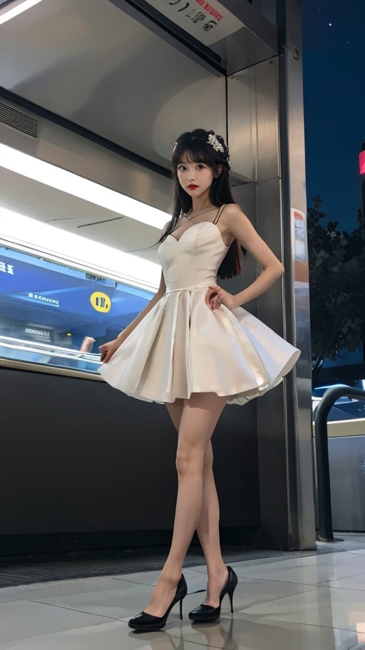 masterpiece,best quality,highres, 1girl,from below,brown hair,medium breasts,black eyes,wedding dress,roushi,high heels,legs,standing,subway station,night,looking at viewer, <lora:roushi:0.4>,  <lora:jyy:0.6>