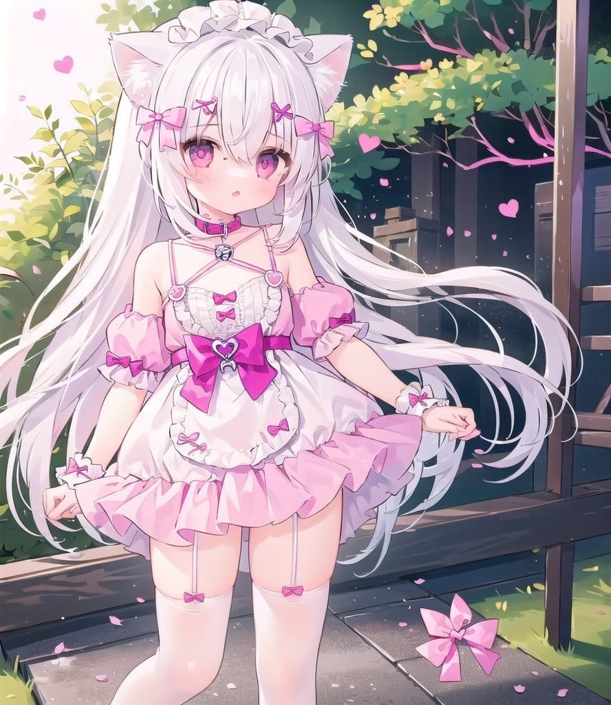 nyarutoru,Bow, cat ears, (tail), heart-shaped pupil, absolute field, white knee socks, slippers, catwoman, rabbit dolls.,Lolita fashion,((white headbands)),Pink ribbon on the temples,Bow hair band,large Bow on the chest,pink bow,Pale pink skirt,pleated skirt,((white hair)),medium long hair,pink pants,pink eyes,solo,((1 girl:2)),((white shirt)),((Lolita)),very short sleeves,walkinging,flat chest,Dew shoulder,forest,girl