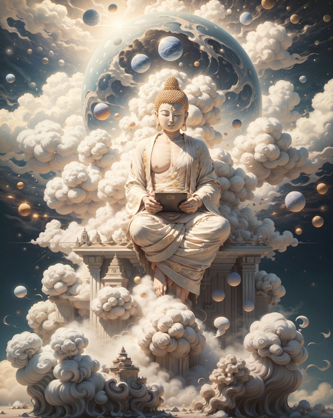 A painting of a golden Buddha standing in front of a huge moon, space art, space travel, space, stunning wallpapers, space, Jen Bartel, surreal space, detailed dreams, magnificent spacecraft paintings, psychedelic illustrations, psychedelic surreal art, grand digital art and details, beautiful space, space theme, space, space theme, space scene,Buddhism ,cloud,Clouds