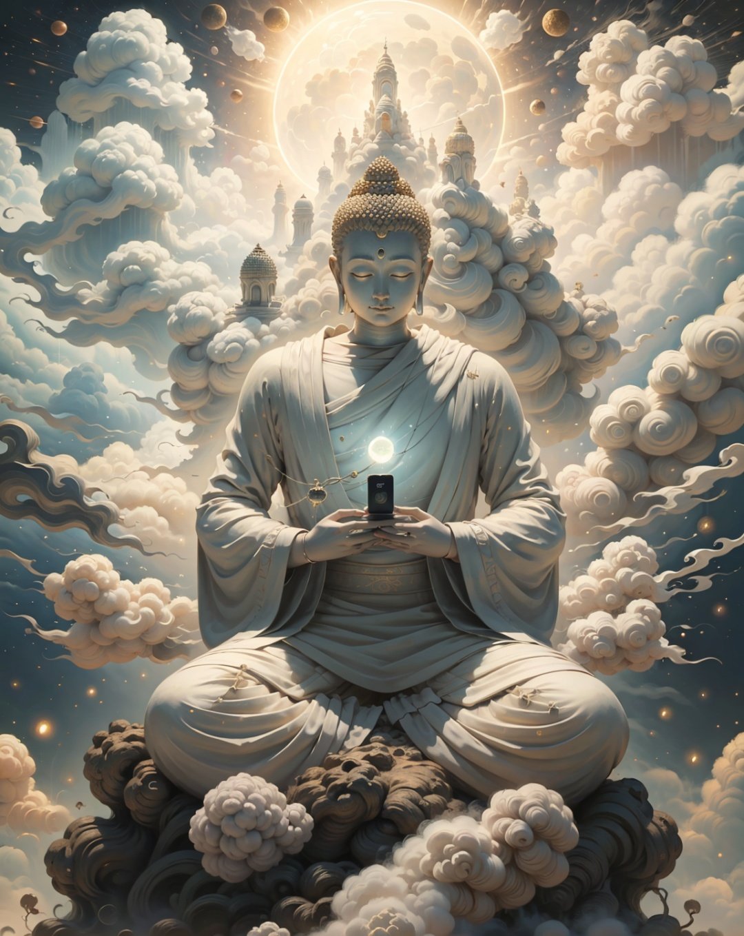 A painting of a golden Buddha standing in front of a huge moon, space art, space travel, space, stunning wallpapers, space, Jen Bartel, surreal space, detailed dreams, magnificent spacecraft paintings, psychedelic illustrations, psychedelic surreal art, grand digital art and details, beautiful space, space theme, space, space theme, space scene,Buddhism ,cloud,Clouds