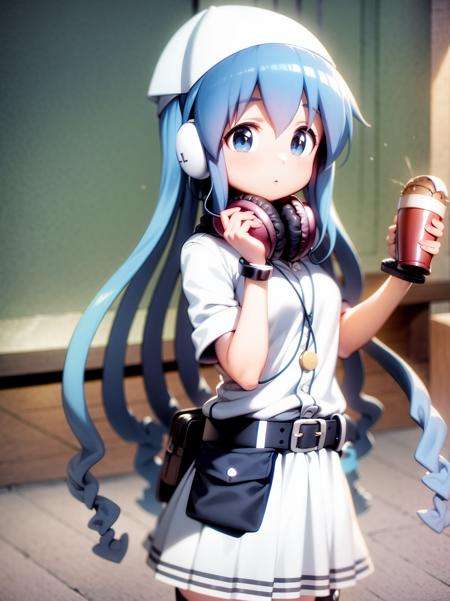 masterpiece, best quality, (ikamusume), white dress, skirt, pleated skirt, cowboy shot, <lora:Ikamusume-Squid Girl:0.9>,  ((casual outfit)) ((oversized headphones)), ((headphones)) , ((backward baseball cap)), (((chunky boots))), ((lots of pockets, belts and buckles))