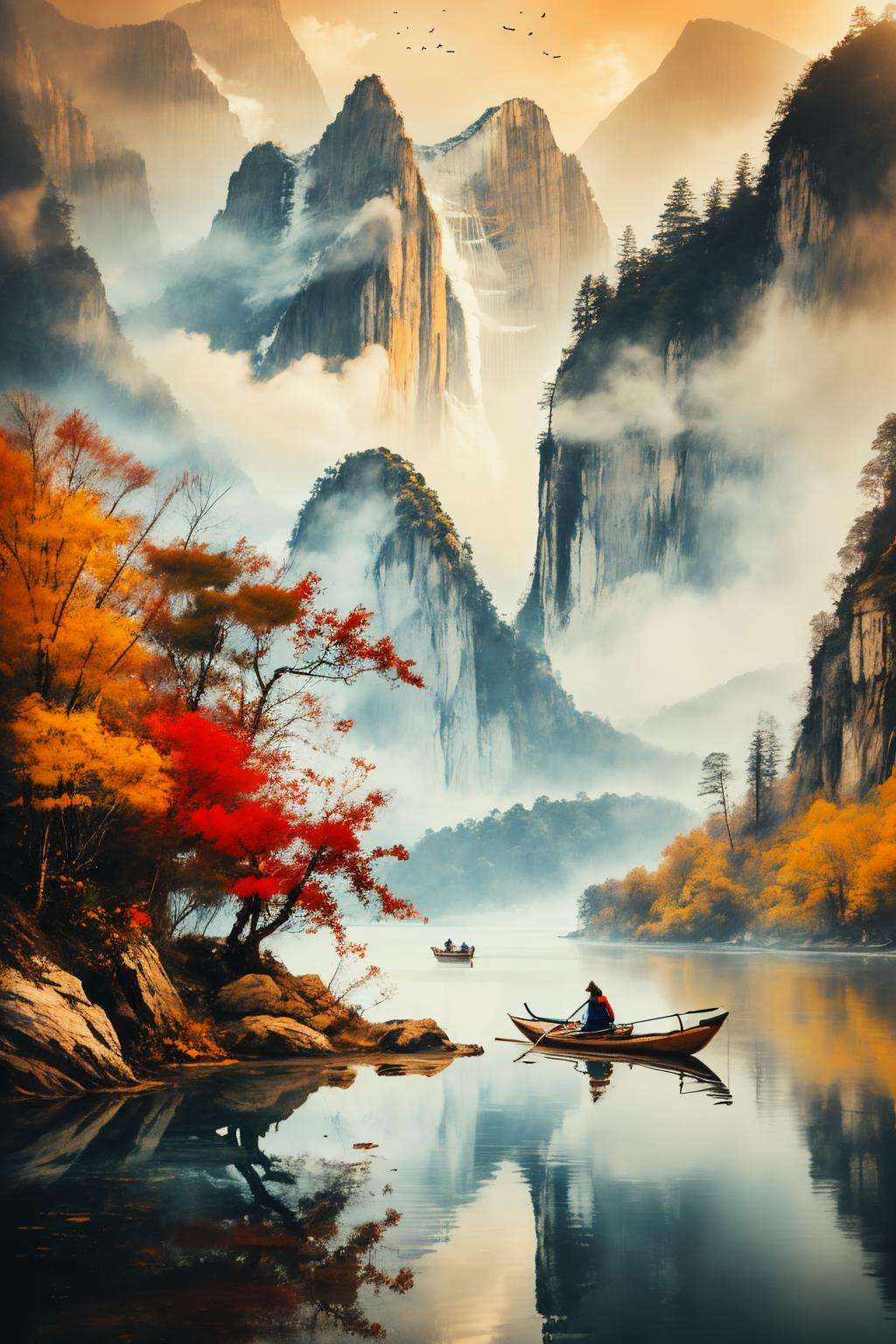 1girl,<lora:1.5:0.8>,shan,watercraf11t,boat,bird,tree,scenery,water,lake,mountain,outdoors,reflection,nature,river,