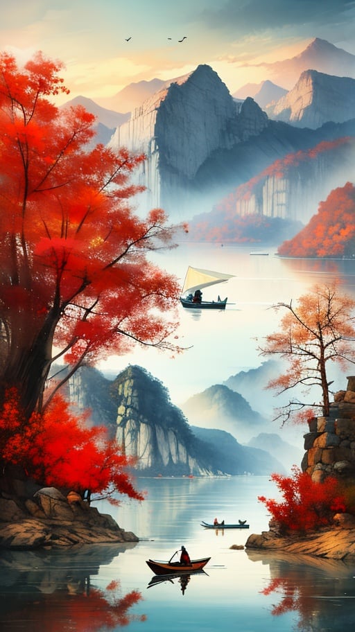 <lora:1.5:0.8>,shan,watercraf11t,boat,bird,tree,scenery,water,lake,mountain,outdoors,reflection,nature,river,