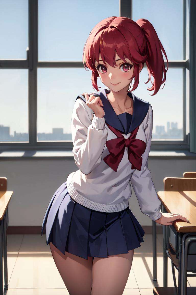 masterpiece, best quality, absurdres, perfect anatomy, 1girl, solo, AinoMegumi, school uniform, red sailor collar, skirt, classroom, indoors, smile, <lora:CHAR-CureLovely:0.9>