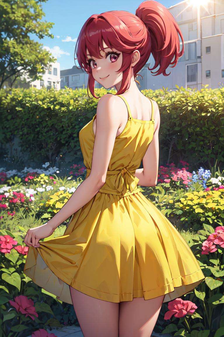 masterpiece, best quality, absurdres, perfect anatomy, 1girl, solo, AinoMegumi, short hair, ponytail, from behind, (yellow sundress), garden, day, sunshine, smile, looking back, <lora:CHAR-CureLovely:0.9>