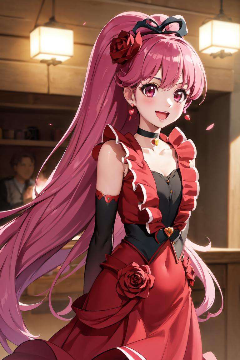 masterpiece, best quality, absurdres, perfect anatomy, 1girl, solo, CherryFlamenco, hair flower, rose, red dress, brooch, detached sleeves, red sleeves, choker, indoors, arms behind back, standing, smile, :d, <lora:CHAR-CureLovely:0.9>