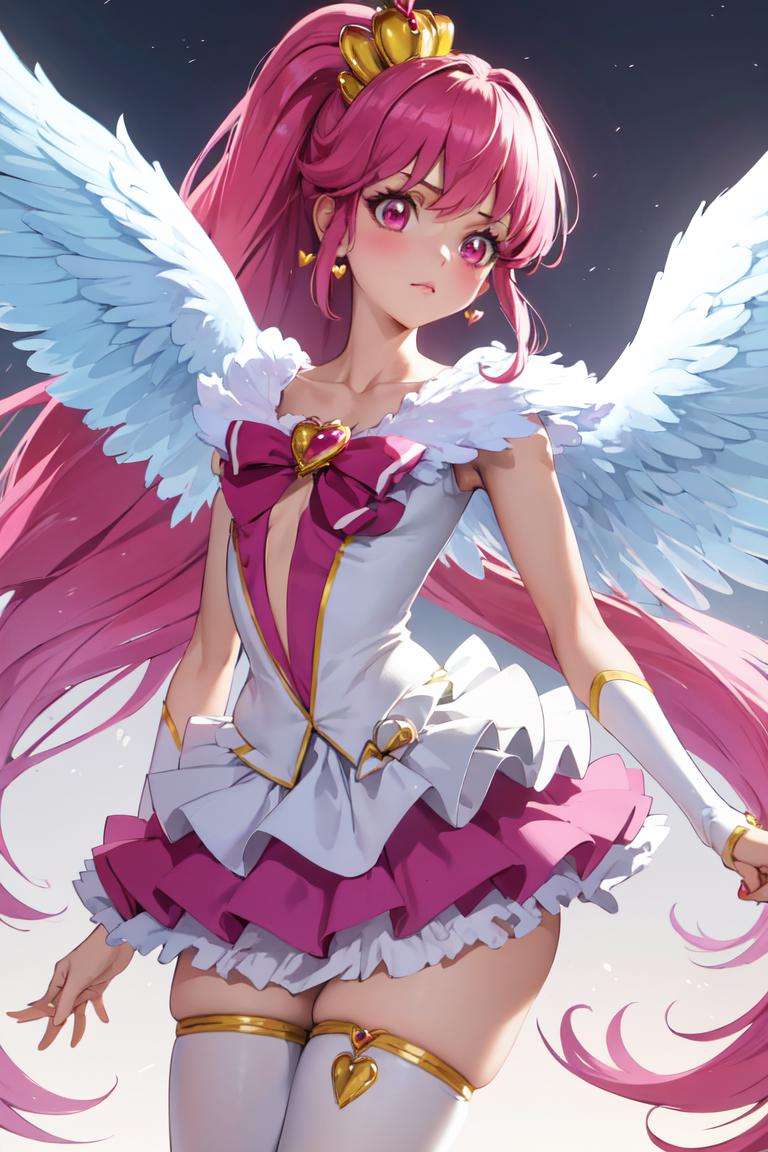masterpiece, best quality, absurdres, perfect anatomy, 1girl, solo, SuperHappiness, heart brooch, angel wings, <lora:CHAR-CureLovely:0.9>