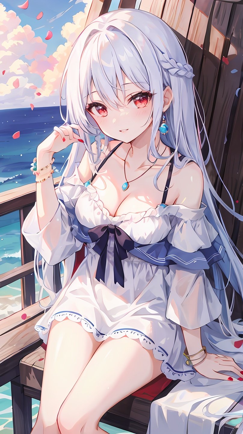 1girl, solo, long hair, jewelry, outdoors, looking at viewer, cloud, sky, breasts, day, bangs, bracelet, smile, blue sky, bare shoulders, necklace, off shoulder, medium breasts, ocean, collarbone, nail polish, cleavage, dress, parted lips, very long hair, white hair, water, hand up, hair between eyes, petals, bird, shirt, tree, red eyes, blush, cloudy sky, railing, red eyes, fingernails, off-shoulder dress, chair