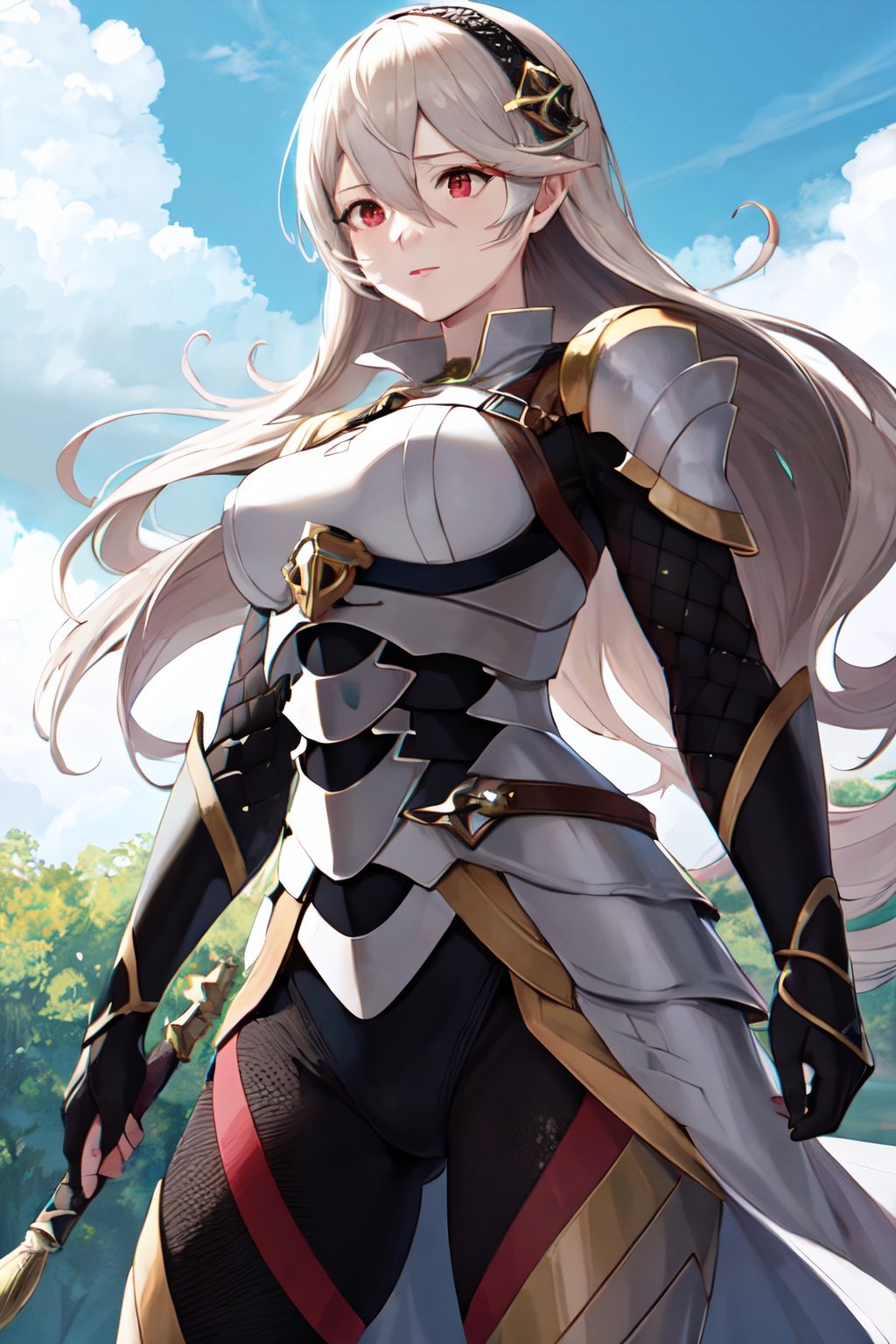 masterpiece, best quality, highres, corrin, armor, red eyes