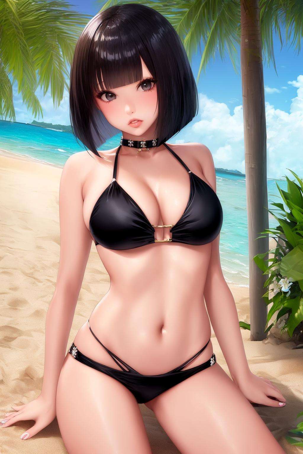 1girl, sliced bob, beach, bikini, pouting, :x <lora:sliced_bob_1.0:0.8>