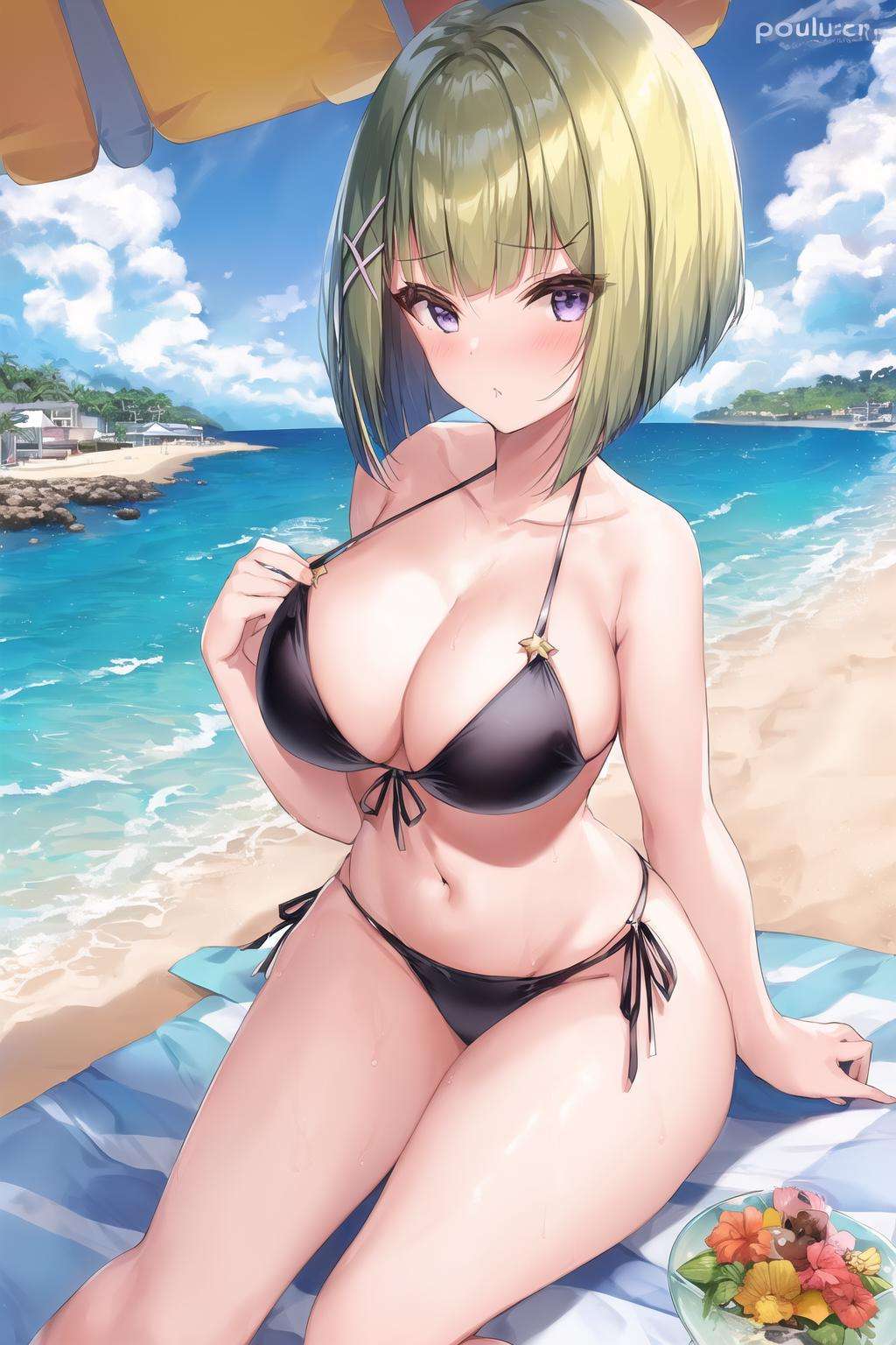 1girl, sliced bob, beach, bikini, pouting, :x <lora:sliced_bob_1.0:0.8>