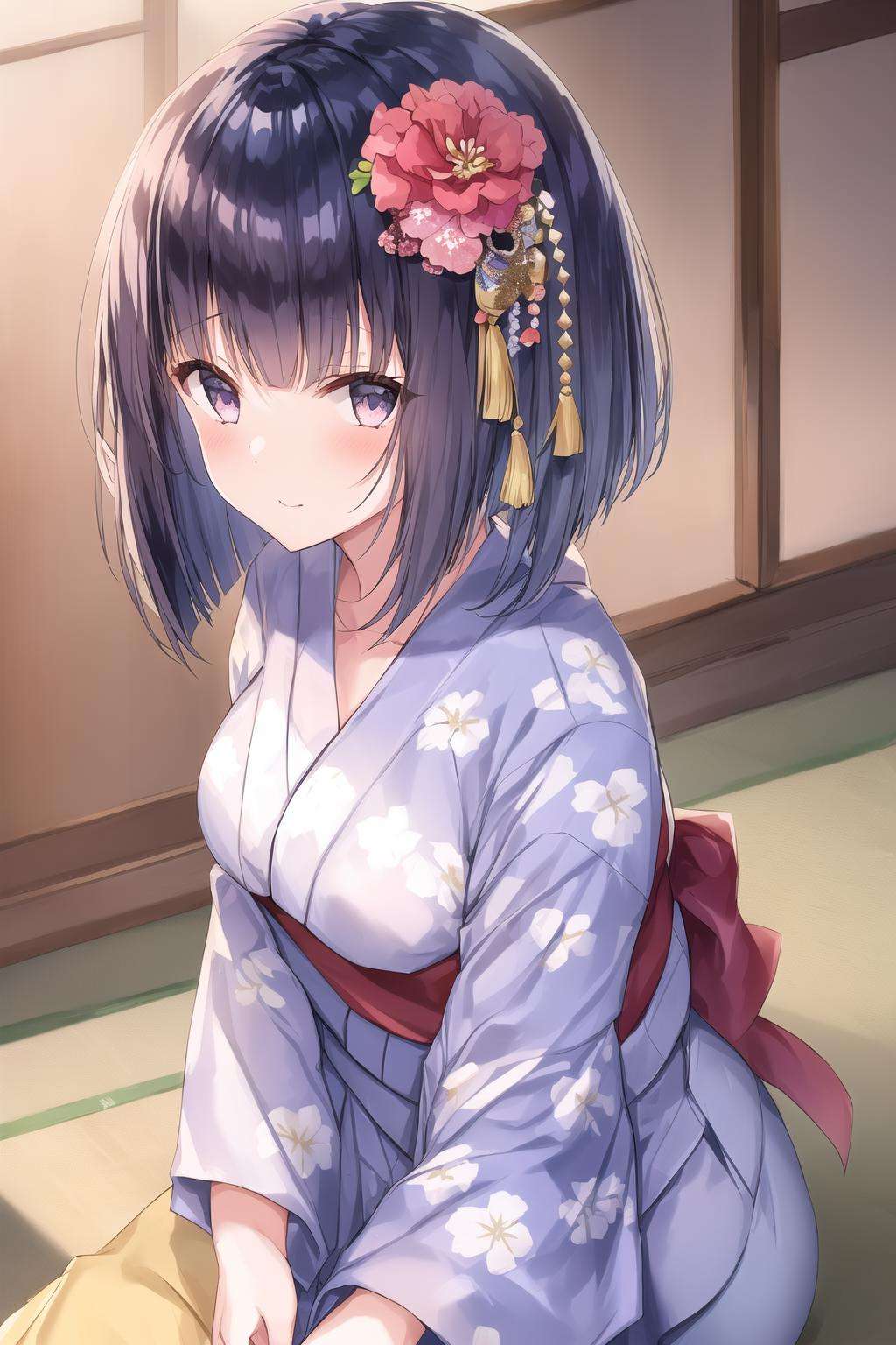 1girl, sliced bob, yukata, floral hair ornament <lora:sliced_bob_1.0:0.8>