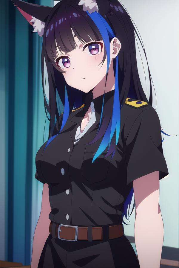 miniyaemori, <lora:miniyaemori-lora-nochekaiser:1>,mini yaemori, long hair, bangs, black hair, blue hair, (purple eyes:1.1), multicolored hair, blunt bangs, streaked hair, ahoge,BREAK skirt, shirt, animal ears, short sleeves, collared shirt, belt, cat ears, black skirt, uniform, animal ear fluff, parody, blue shirt, pencil skirt, black belt, police, police uniform,BREAK looking at viewer,BREAK indoors,BREAK <lyco:GoodHands-beta2:1>, (masterpiece:1.2), best quality, high resolution, unity 8k wallpaper, (illustration:0.8), (beautiful detailed eyes:1.6), extremely detailed face, perfect lighting, extremely detailed CG, (perfect hands, perfect anatomy),