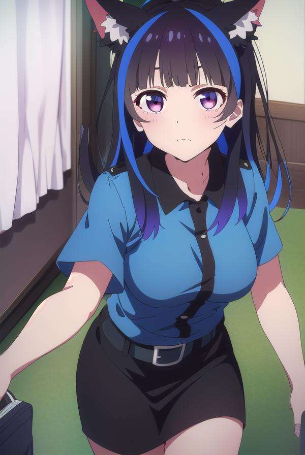 miniyaemori, <lora:miniyaemori-lora-nochekaiser:1>,mini yaemori, long hair, bangs, black hair, blue hair, (purple eyes:1.1), multicolored hair, blunt bangs, streaked hair, ahoge,BREAK skirt, shirt, animal ears, short sleeves, collared shirt, belt, cat ears, black skirt, uniform, animal ear fluff, parody, blue shirt, pencil skirt, black belt, police, police uniform,BREAK looking at viewer,BREAK indoors,BREAK <lyco:GoodHands-beta2:1>, (masterpiece:1.2), best quality, high resolution, unity 8k wallpaper, (illustration:0.8), (beautiful detailed eyes:1.6), extremely detailed face, perfect lighting, extremely detailed CG, (perfect hands, perfect anatomy),