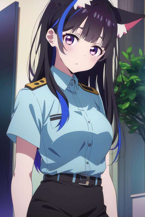 miniyaemori, <lora:miniyaemori-lora-nochekaiser:1>,mini yaemori, long hair, bangs, black hair, blue hair, (purple eyes:1.1), multicolored hair, blunt bangs, streaked hair, ahoge,BREAK skirt, shirt, animal ears, short sleeves, collared shirt, belt, cat ears, black skirt, uniform, animal ear fluff, parody, blue shirt, pencil skirt, black belt, police, police uniform,BREAK looking at viewer,BREAK indoors,BREAK <lyco:GoodHands-beta2:1>, (masterpiece:1.2), best quality, high resolution, unity 8k wallpaper, (illustration:0.8), (beautiful detailed eyes:1.6), extremely detailed face, perfect lighting, extremely detailed CG, (perfect hands, perfect anatomy),