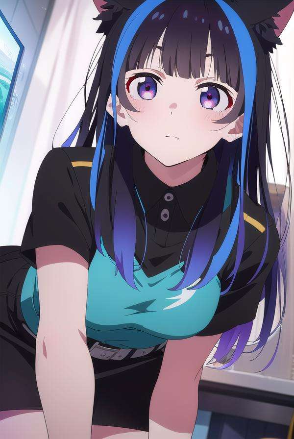 miniyaemori, <lora:miniyaemori-lora-nochekaiser:1>,mini yaemori, long hair, bangs, black hair, blue hair, (purple eyes:1.1), multicolored hair, blunt bangs, streaked hair, ahoge,BREAK skirt, shirt, animal ears, short sleeves, collared shirt, belt, cat ears, black skirt, uniform, animal ear fluff, parody, blue shirt, pencil skirt, black belt, police, police uniform,BREAK looking at viewer,BREAK indoors,BREAK <lyco:GoodHands-beta2:1>, (masterpiece:1.2), best quality, high resolution, unity 8k wallpaper, (illustration:0.8), (beautiful detailed eyes:1.6), extremely detailed face, perfect lighting, extremely detailed CG, (perfect hands, perfect anatomy),