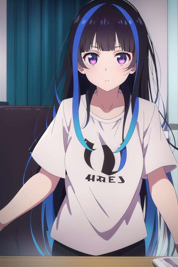 miniyaemori, <lora:miniyaemori-lora-nochekaiser:1>,mini yaemori, long hair, bangs, black hair, blue hair, (purple eyes:1.1), multicolored hair, blunt bangs, streaked hair, ahoge,BREAK shirt, white shirt, short sleeves, clothes writing,BREAK looking at viewer,BREAK indoors,BREAK <lyco:GoodHands-beta2:1>, (masterpiece:1.2), best quality, high resolution, unity 8k wallpaper, (illustration:0.8), (beautiful detailed eyes:1.6), extremely detailed face, perfect lighting, extremely detailed CG, (perfect hands, perfect anatomy),