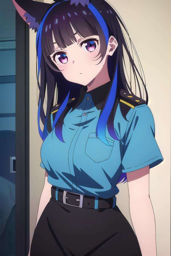 miniyaemori, <lora:miniyaemori-lora-nochekaiser:1>,mini yaemori, long hair, bangs, black hair, blue hair, (purple eyes:1.1), multicolored hair, blunt bangs, streaked hair, ahoge,BREAK skirt, shirt, animal ears, short sleeves, collared shirt, belt, cat ears, black skirt, uniform, animal ear fluff, parody, blue shirt, pencil skirt, black belt, police, police uniform,BREAK looking at viewer,BREAK indoors,BREAK <lyco:GoodHands-beta2:1>, (masterpiece:1.2), best quality, high resolution, unity 8k wallpaper, (illustration:0.8), (beautiful detailed eyes:1.6), extremely detailed face, perfect lighting, extremely detailed CG, (perfect hands, perfect anatomy),