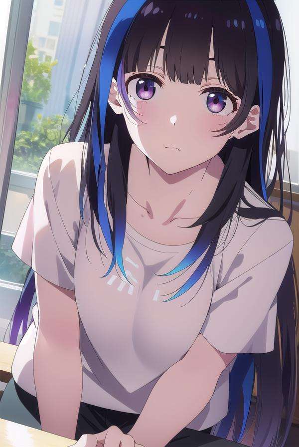 miniyaemori, <lora:miniyaemori-lora-nochekaiser:1>,mini yaemori, long hair, bangs, black hair, blue hair, (purple eyes:1.1), multicolored hair, blunt bangs, streaked hair, ahoge,BREAK shirt, white shirt, short sleeves, clothes writing,BREAK looking at viewer,BREAK indoors,BREAK <lyco:GoodHands-beta2:1>, (masterpiece:1.2), best quality, high resolution, unity 8k wallpaper, (illustration:0.8), (beautiful detailed eyes:1.6), extremely detailed face, perfect lighting, extremely detailed CG, (perfect hands, perfect anatomy),