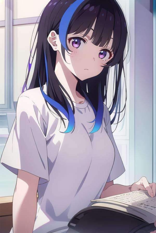 miniyaemori, <lora:miniyaemori-lora-nochekaiser:1>,mini yaemori, long hair, bangs, black hair, blue hair, (purple eyes:1.1), multicolored hair, blunt bangs, streaked hair, ahoge,BREAK shirt, white shirt, short sleeves, clothes writing,BREAK looking at viewer,BREAK indoors,BREAK <lyco:GoodHands-beta2:1>, (masterpiece:1.2), best quality, high resolution, unity 8k wallpaper, (illustration:0.8), (beautiful detailed eyes:1.6), extremely detailed face, perfect lighting, extremely detailed CG, (perfect hands, perfect anatomy),