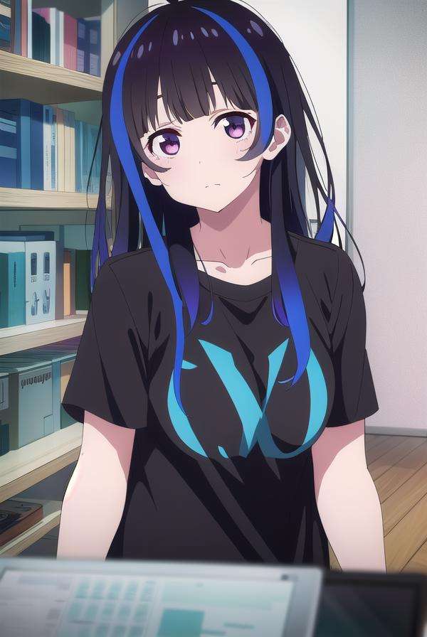 miniyaemori, <lora:miniyaemori-lora-nochekaiser:1>,mini yaemori, long hair, bangs, black hair, blue hair, (purple eyes:1.1), multicolored hair, blunt bangs, streaked hair, ahoge,BREAK shirt, white shirt, short sleeves, clothes writing,BREAK looking at viewer,BREAK indoors,BREAK <lyco:GoodHands-beta2:1>, (masterpiece:1.2), best quality, high resolution, unity 8k wallpaper, (illustration:0.8), (beautiful detailed eyes:1.6), extremely detailed face, perfect lighting, extremely detailed CG, (perfect hands, perfect anatomy),