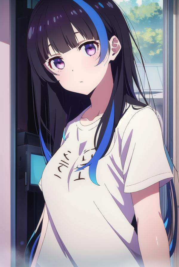 miniyaemori, <lora:miniyaemori-lora-nochekaiser:1>,mini yaemori, long hair, bangs, black hair, blue hair, (purple eyes:1.1), multicolored hair, blunt bangs, streaked hair, ahoge,BREAK shirt, white shirt, short sleeves, clothes writing,BREAK looking at viewer,BREAK indoors,BREAK <lyco:GoodHands-beta2:1>, (masterpiece:1.2), best quality, high resolution, unity 8k wallpaper, (illustration:0.8), (beautiful detailed eyes:1.6), extremely detailed face, perfect lighting, extremely detailed CG, (perfect hands, perfect anatomy),