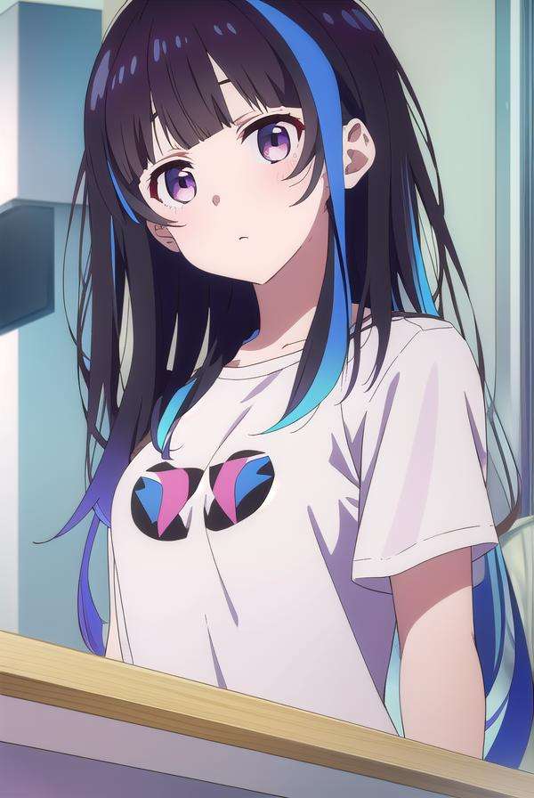 miniyaemori, <lora:miniyaemori-lora-nochekaiser:1>,mini yaemori, long hair, bangs, black hair, blue hair, (purple eyes:1.1), multicolored hair, blunt bangs, streaked hair, ahoge,BREAK shirt, white shirt, short sleeves, clothes writing,BREAK looking at viewer,BREAK indoors,BREAK <lyco:GoodHands-beta2:1>, (masterpiece:1.2), best quality, high resolution, unity 8k wallpaper, (illustration:0.8), (beautiful detailed eyes:1.6), extremely detailed face, perfect lighting, extremely detailed CG, (perfect hands, perfect anatomy),