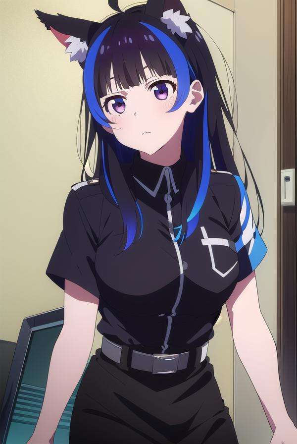 miniyaemori, <lora:miniyaemori-lora-nochekaiser:1>,mini yaemori, long hair, bangs, black hair, blue hair, (purple eyes:1.1), multicolored hair, blunt bangs, streaked hair, ahoge,BREAK skirt, shirt, animal ears, short sleeves, collared shirt, belt, cat ears, black skirt, uniform, animal ear fluff, parody, blue shirt, pencil skirt, black belt, police, police uniform,BREAK looking at viewer,BREAK indoors,BREAK <lyco:GoodHands-beta2:1>, (masterpiece:1.2), best quality, high resolution, unity 8k wallpaper, (illustration:0.8), (beautiful detailed eyes:1.6), extremely detailed face, perfect lighting, extremely detailed CG, (perfect hands, perfect anatomy),