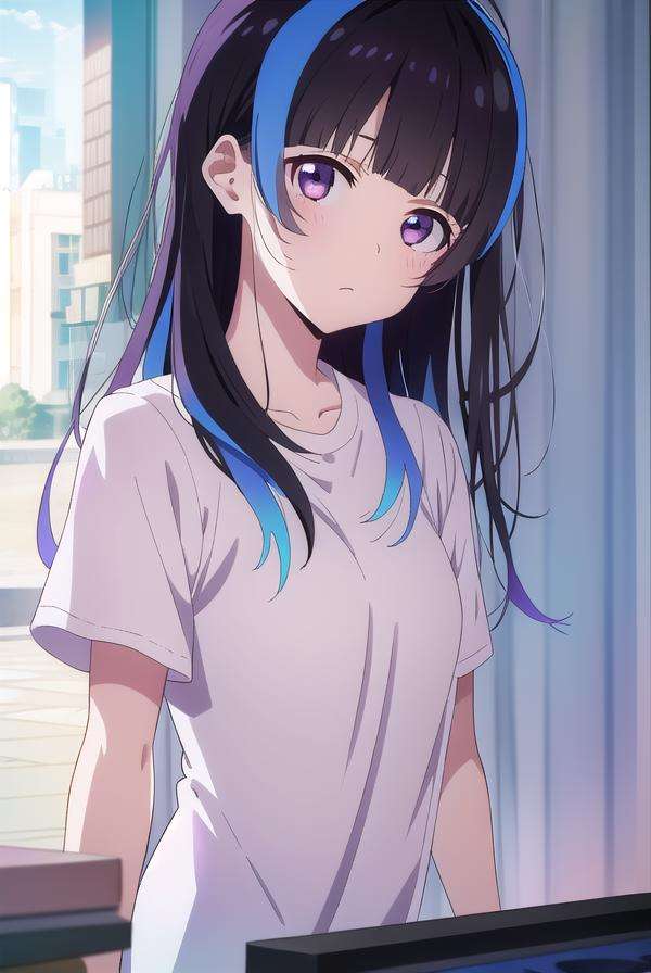 miniyaemori, <lora:miniyaemori-lora-nochekaiser:1>,mini yaemori, long hair, bangs, black hair, blue hair, (purple eyes:1.1), multicolored hair, blunt bangs, streaked hair, ahoge,BREAK shirt, white shirt, short sleeves, clothes writing,BREAK looking at viewer,BREAK indoors,BREAK <lyco:GoodHands-beta2:1>, (masterpiece:1.2), best quality, high resolution, unity 8k wallpaper, (illustration:0.8), (beautiful detailed eyes:1.6), extremely detailed face, perfect lighting, extremely detailed CG, (perfect hands, perfect anatomy),