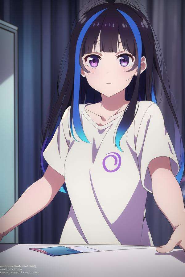 miniyaemori, <lora:miniyaemori-lora-nochekaiser:1>,mini yaemori, long hair, bangs, black hair, blue hair, (purple eyes:1.1), multicolored hair, blunt bangs, streaked hair, ahoge,BREAK shirt, white shirt, short sleeves, clothes writing,BREAK looking at viewer,BREAK indoors,BREAK <lyco:GoodHands-beta2:1>, (masterpiece:1.2), best quality, high resolution, unity 8k wallpaper, (illustration:0.8), (beautiful detailed eyes:1.6), extremely detailed face, perfect lighting, extremely detailed CG, (perfect hands, perfect anatomy),